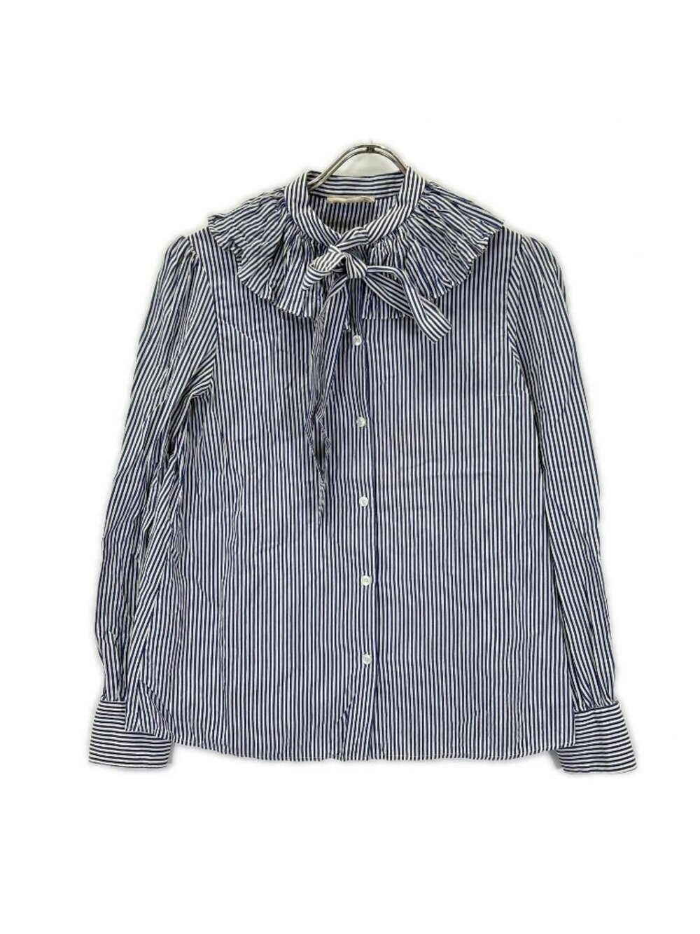 Celine Striped Silk Bow Tie Ruffle Shirt 34